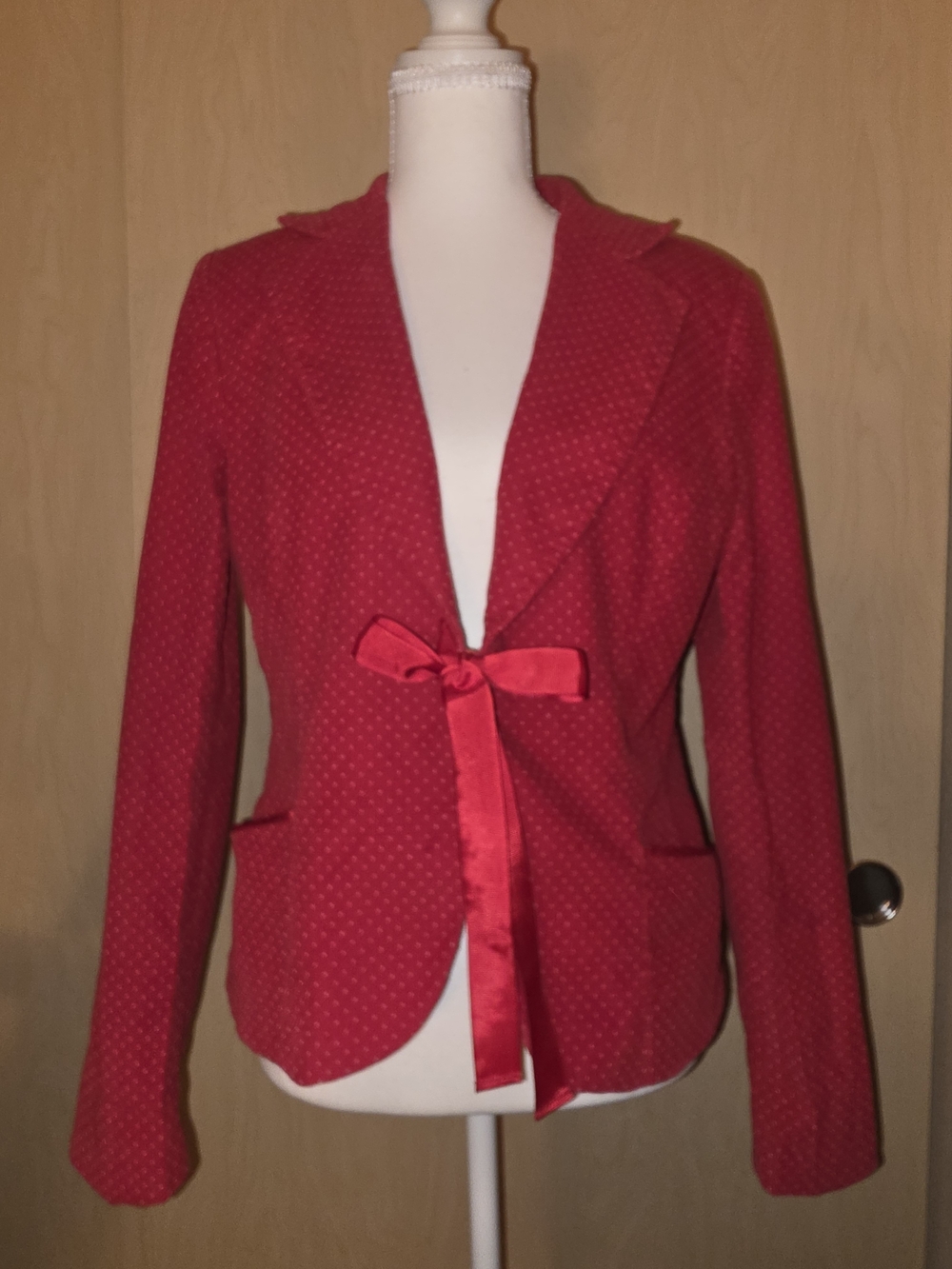 H&M Cherry Red Polka Dot Corduroy Blazer Ribbon Tie Bow Jacket Size